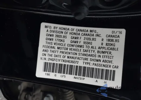 2016 Honda Civic Ex-L из США, поврежденный, VIN 2HGFC1F7XGH636072